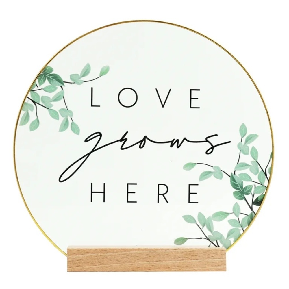 Inspirational "Love Grows Here" Translucent Silkscreened Glass Tabletop Plaque